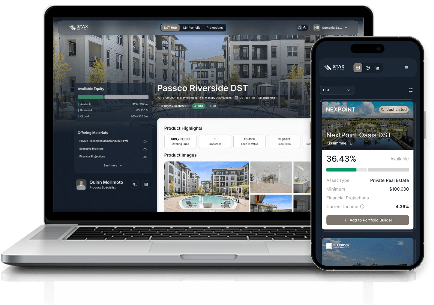 Stax Capital dashboard shown on a laptop and an iPhone
